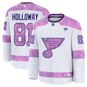 Dylan Holloway St. Louis Blues Men's Fanatics Premium White 2024 Hockey Fights Cancer Practice Jersey