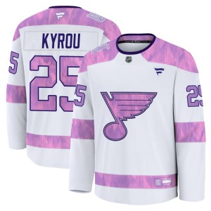Jordan Kyrou St. Louis Blues Men's Fanatics Premium White 2024 Hockey Fights Cancer Practice Jersey