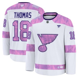 Robert Thomas St. Louis Blues Men's Fanatics Premium White 2024 Hockey Fights Cancer Practice Jersey