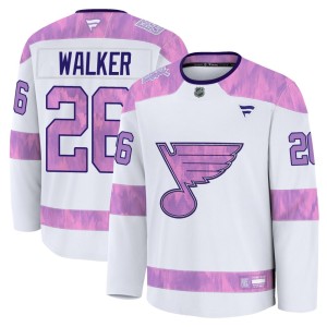 Nathan Walker St. Louis Blues Men's Fanatics Premium White 2024 Hockey Fights Cancer Practice Jersey