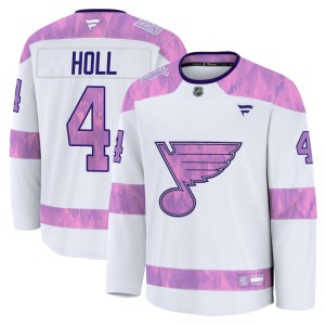 Justin Holl St. Louis Blues Youth Fanatics Premium White 2024 Hockey Fights Cancer Practice Jersey