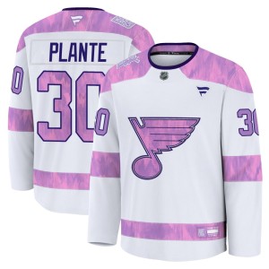 Jacques Plante St. Louis Blues Youth Fanatics Premium White 2024 Hockey Fights Cancer Practice Jersey