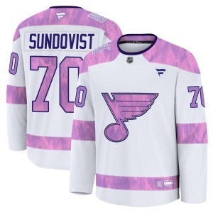 Oskar Sundqvist St. Louis Blues Youth Fanatics Premium White 2024 Hockey Fights Cancer Practice Jersey